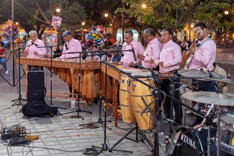 Oaxaca, Mexico, The Marimba del Estado band entertains a crowd in the zocalo. Marimba band music is