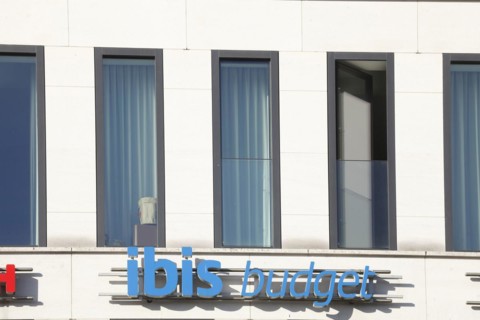 Ibis-Budget logo on an Ibis-Budget hotel, Bremen, Germany, Europe