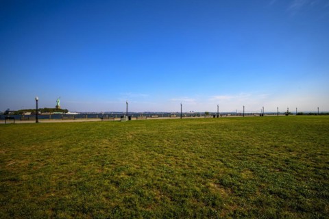 Views on New York Harbor, Manhattan and Statue of Liberty from the Liberty State Park, Jersey City,