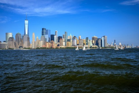 Views on New York Harbor, Manhattan and Statue of Liberty from the Liberty State Park, Jersey City,