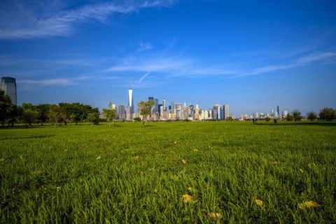 Views on New York Harbor, Manhattan and Statue of Liberty from the Liberty State Park, Jersey City,