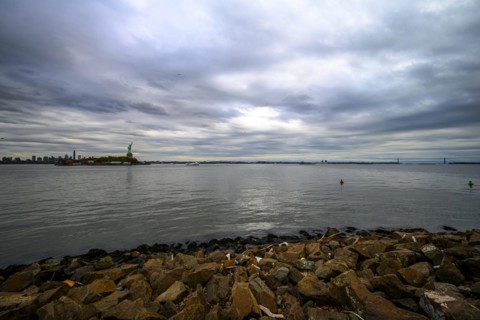 Views on New York Harbor, Manhattan and Statue of Liberty from the Liberty State Park, Jersey City,