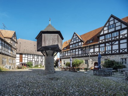Half-timbered houses and dovecote in the Quedlinburg Adelshof in the historic old town, UNESCO