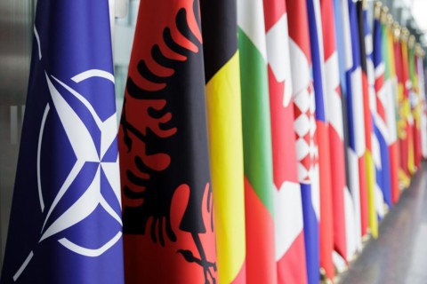 Symbolic image at the meeting of NATO foreign ministers. Brussels, 03.04.2024. Photographed on