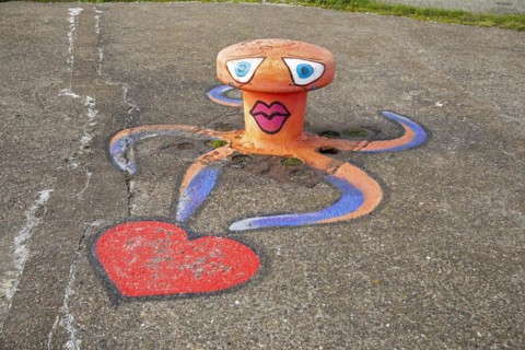 Painted bollard, octopus, harbour, Dunkirk, France, Europe