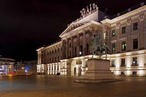 Replica of Brunswick Castle and equestrian statue at night, shopping centre, Brunswick, Lower