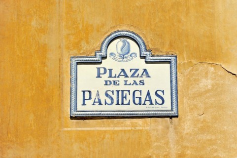 Granada, Ceramic street sign 'Plaza de las Pasiegas' on a wall, Granada, Andalusia, Spain, Europe