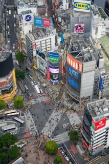 Digital billboards and pedestrians using the Shibuya Scramble Crossing, busy pedestrian