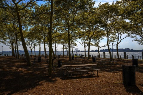 Views on New York Harbor, Manhattan and Statue of Liberty from the Liberty State Park, Jersey City,