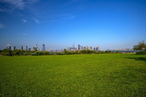 Views on New York Harbor, Manhattan and Statue of Liberty from the Liberty State Park, Jersey City,
