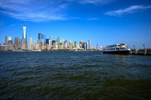 Views on New York Harbor, Manhattan and Statue of Liberty from the Liberty State Park, Jersey City,