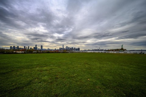Views on New York Harbor, Manhattan and Statue of Liberty from the Liberty State Park, Jersey City,