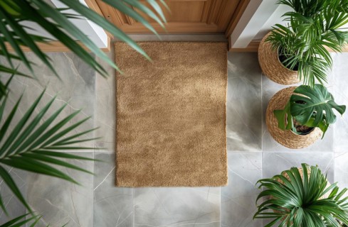 Blank welcome mat at custom front door of house. generative AI, AI generated