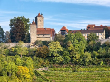View of the historic old town with town wall, defence towers and vineyard, Rothenburg ob der