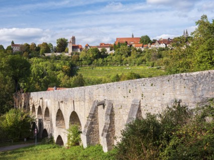 View from the medieval double bridge in the Tauber Valley, Tauberbruecke, of the historic old town,