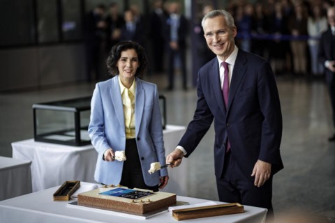 (L-R) Hadja Lahbib, Foreign Minister of Belgium, and Jens Stoltenberg, Secretary General of the