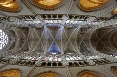 Church of Saint-Vincent-de-Paul, view upwards into the vault of a church with stained glass windows