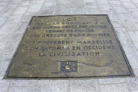 Marseille, plaque embedded in the pavement marking the foundation of Marseille, Marseille,