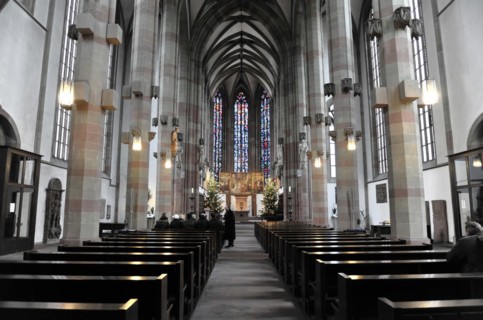 Interior, altar of St Mary's Chapel, market square, Wuerzburg, view through the nave with pews and