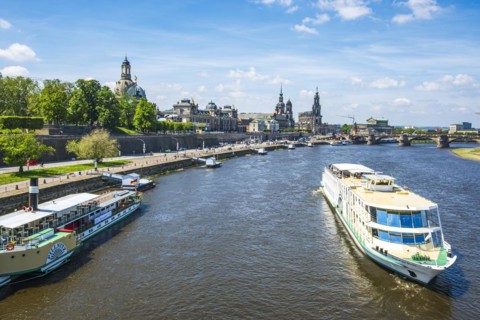 View of the historic old town ensemble and the steamer landing stage on the Terrassenufer in