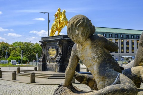 Eastern Nymph Fountain with a view of the Golden Horseman on Neustaedter Markt in Dresden, Saxony,