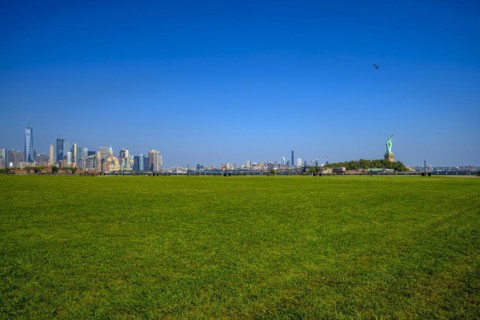 Views on New York Harbor, Manhattan and Statue of Liberty from the Liberty State Park, Jersey City,