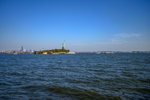 Views on New York Harbor, Manhattan and Statue of Liberty from the Liberty State Park, Jersey City,