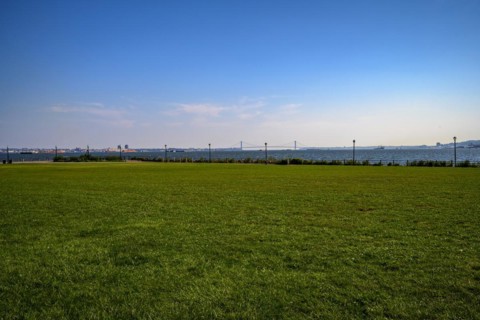 Views on New York Harbor, Manhattan and Statue of Liberty from the Liberty State Park, Jersey City,