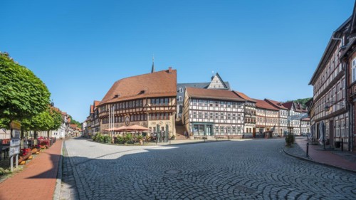 Town hall and half-timbered houses on the market square, Stolberg im Harz, Saxony-Anhalt, Germany,
