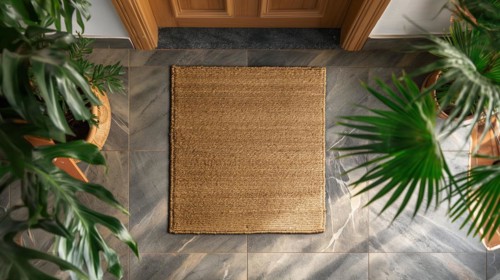 Blank welcome mat at custom front door of house. generative AI, AI generated