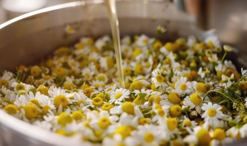 Close-up of chamomile flowers being distilled, nature beauty background AI generated