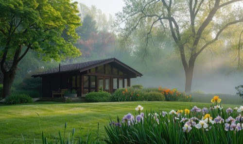 Morning mist enveloping a contemporary wooden cabin hidden deep within a spring garden filled with