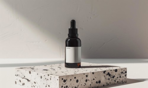 Studio shot of a matte black glass bottle mockup showcasing a product, minimalist branding AI