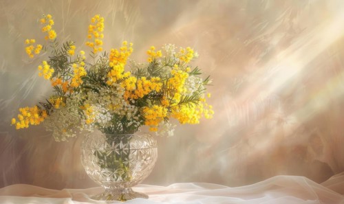 Bouquet of blooming Mimosa branches in glass vase AI generated