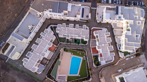 Aerial view of an urbanization in Agaete at summer sunset in Gran Canaria. Spain