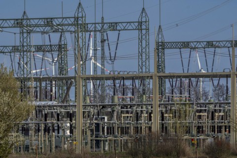 Stendal West substation with wind turbines in the background near Luederitz, Stendal,