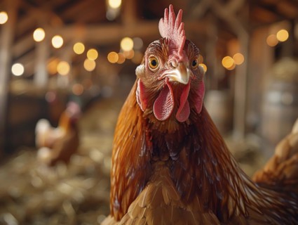 Close-up of a chicken with detailed feathers against a barn interior, AI generiert, AI generated