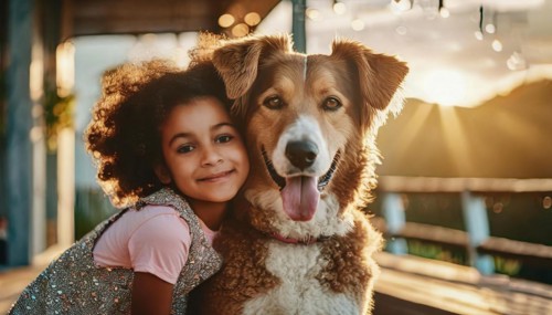 A young girl is laying on a wooden deck with a brown and white dog. The girl is smiling and the dog
