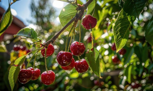 Ripe cherries dangling temptingly from the branches of a cherry tree in a vibrant garden AI
