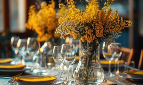 A chic dining table set for a dinner party, bouquet of yellow flower AI generated