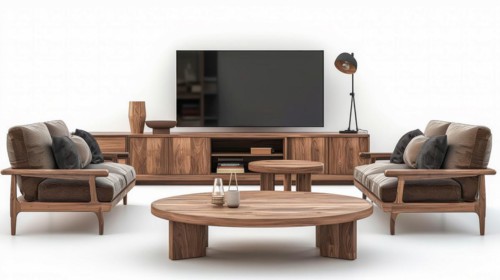 Cozy modern living room with television, wooden furniture, and leather sofas, ai generated, AI