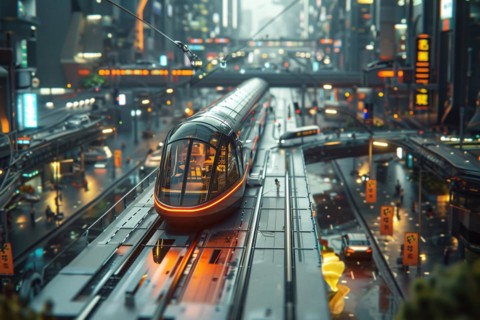 Modern monorail train moving through a cityscape at dusk, AI generated