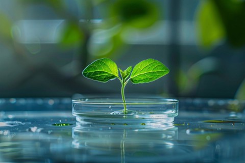 Small plant seedling in petri dish in research lab. Concept for biotechnology and genetic