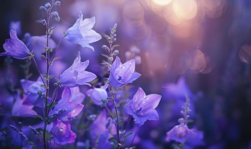 Bellflowers blooming in a cottage garden, closeup view, soft focus AI generated