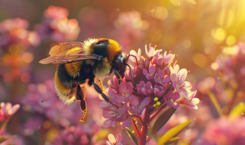 Bumblebee collecting pollen from flowers, closeup view, selective focus AI generated