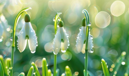 Close-up of snowdrops with dewdrops, spring nature background AI generated