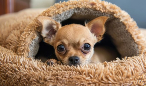 Small Chihuahua puppy peeking out from a cozy dog bed AI generated