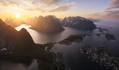 Mountain landscape, view from Reinebringen mountain to the village of Reine and Gravdalsbukta