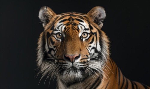 Close-up of a Bengal-Siberian tiger hybrid in studio lighting, tiger on black background AI