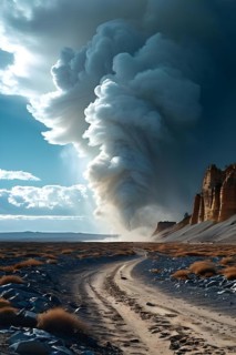 Patagonian desert landscape with powerful wind shaping landforms isolated rock formations, AI